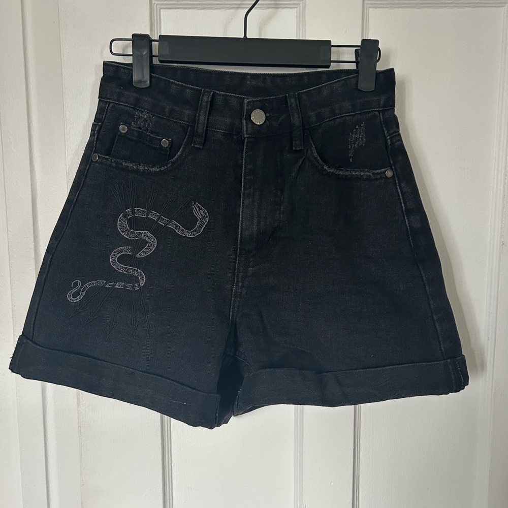 Disturbia Black High Waist Denim Shorts with Snake Detail